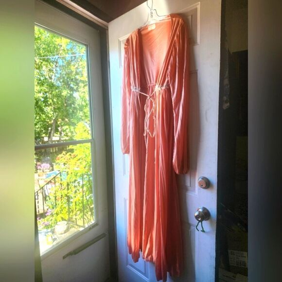 Vintage 50s Pink Satin Robe Puff Sleeve Maxi Waistband Cottagecore Fairy Vday - Picture 3 of 17